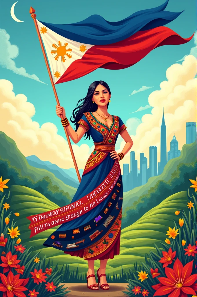Create a poster with a filipina woman standing on a book wearing traditional Filipino dress with triangular hat holding a Philippine flag and on her back sinag ng araw and heritage church, on her side a people dancing a traditional dance. Add a details showing the unity of Filipinos.