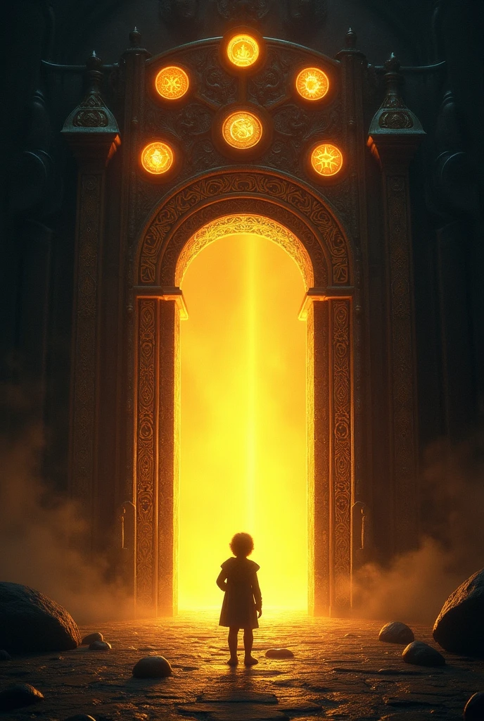 The gate should be intricately designed with glowing, eight mystical symbols and patterns, and it should emit a bright, golden light from the opening. The child, facing away from the viewer, is reaching out toward the light. The surrounding environment is dark and shadowy, creating a stark contrast with the golden light. The overall atmosphere should evoke a sense of mystery, wonder, and the beginning of an adventure, with the glowing symbols suggesting magic or hidden knowledge