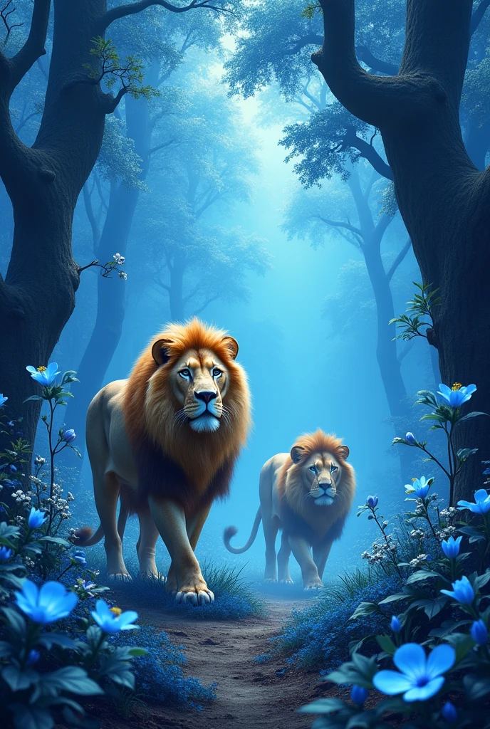 Create an image with an animal kingdom theme, mostly lions in a kind of blue forest