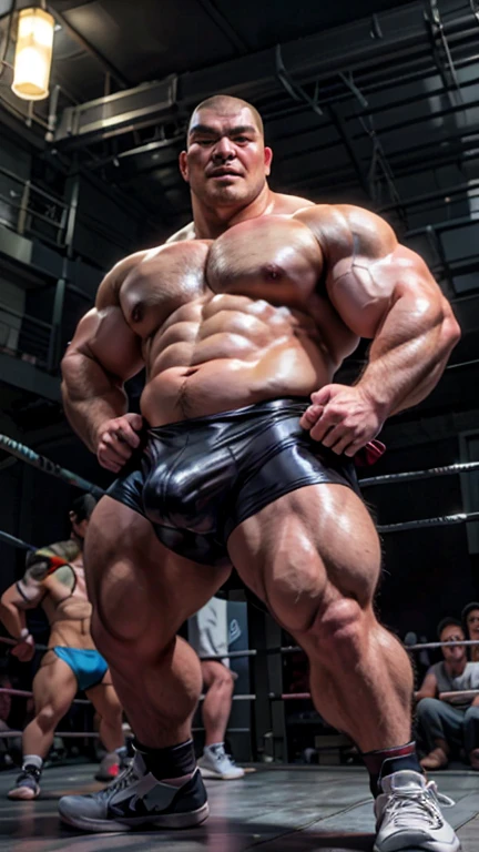 上半身裸の若い太った日本人の男性Professional wrestlerが、Fighting Poseで立っている。
Thick muscles。thick limbs。Shaved Head。No beard。
太った日本人の男性Professional wrestlerは、blueTWearing a bag。丸くて大きなbulge。bulge。
太った日本人の男性Professional wrestlerは、wearing ring shoes。
whole bodyが見えるStanding posture。The background is professional wrestling。
Sunburned skin。
No body hair。Smooth Skin。Smooth Skin。
A symmetrical Japanese face。The gentle expression of a Japanese person。Japanese people have round and small faces。Thin eyebrows。single eyelid。Small eyes。Kind eyes。round and large nose。Small Mouth。
Low - Angle。Standing posture。Fighting Pose。whole body。Professional wrestler。smile。
Highest quality。Entirely in sharp focus、Highest photo quality。Photorealistic。