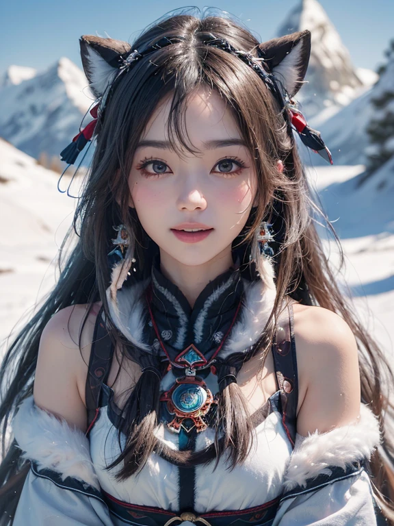 Hiding in the snowy mountains、Hair Flow、 ((Highest quality、masterpiece、8k、Best image quality、Ultra-high resolution、Award-winning works)、(Accurate anatomy:1.1)、(Look at me and smile:1.1)、Shining fair skin with Ultra-high resolution、The most detailed face、Ultra-high resolution detailed face、Ultra-high resolutionの髪の毛、(Ultra-high resolutionの煌めく瞳:1.1)、Beautiful face drawn in every detail、(Blurred Background:1.1)、Ancient Inuit clothing, Chest to chest, tattoo, Old ruins in the background、he&#39;that&#39;big, You have a real hawk on your shoulder.. 