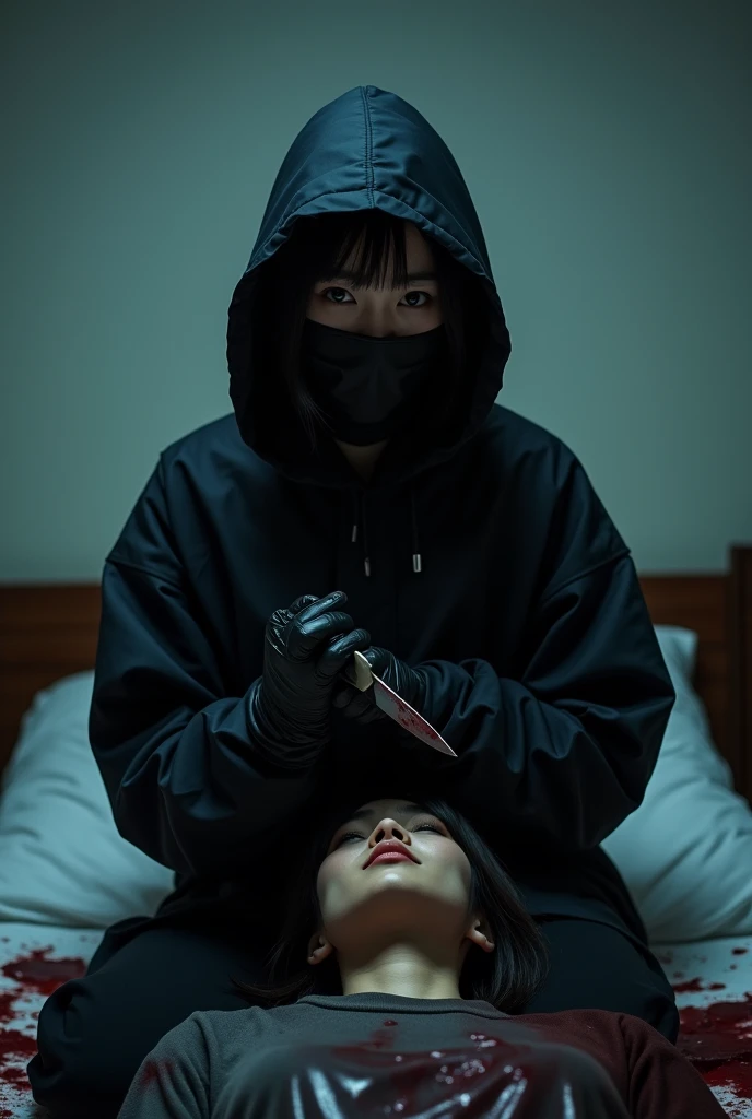 korean girl, (behind stiff, holding knife), black surgical mask, black leather gloves, room, black raincoat, hood up, holding knife, leather gloves, woman on top, behind cadaver, blood splatter, bed room, night, mass murderer, killer, short hair, blood splatter, dark atmosphere, cinematic lighting, atmospheric realistic, neon lighting, close-up, tripod and camera in the back, shooting with camera
