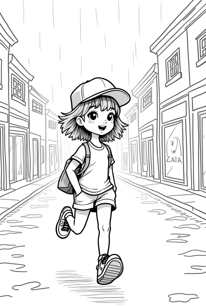 You are the manager of the Zara brand.. Create a children&#39;s coloring illustration with fashionable clothes elements for girls:: The picture is black and white, so that the children can color it themselves . girl in a cap, short shorts and a T-shirt, Kedah, hair short, I have iPhone earphones in my ears, which sticks out of the pocket - runs along the city along the houses. There are puddles on the asphalt, There are clouds in the sky, it&#39;s raining. Zara shop window covered in raindrops 