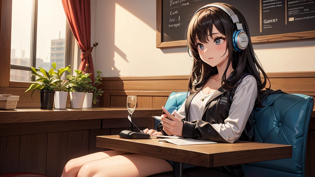 Girl with headphones enjoying music in a cafe　I am studying　Emphasize a little bit of the chest
