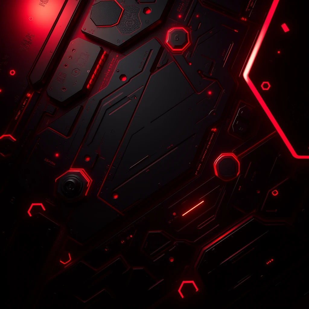 Dark background with red gradients and black details Modern geometric lines and shapes, such as circuits or hexagons Neon light and glow effects for a futuristic touch Metallic or shiny textures in highlighted areas Possible inclusion of technological elements, like control panels or holograms