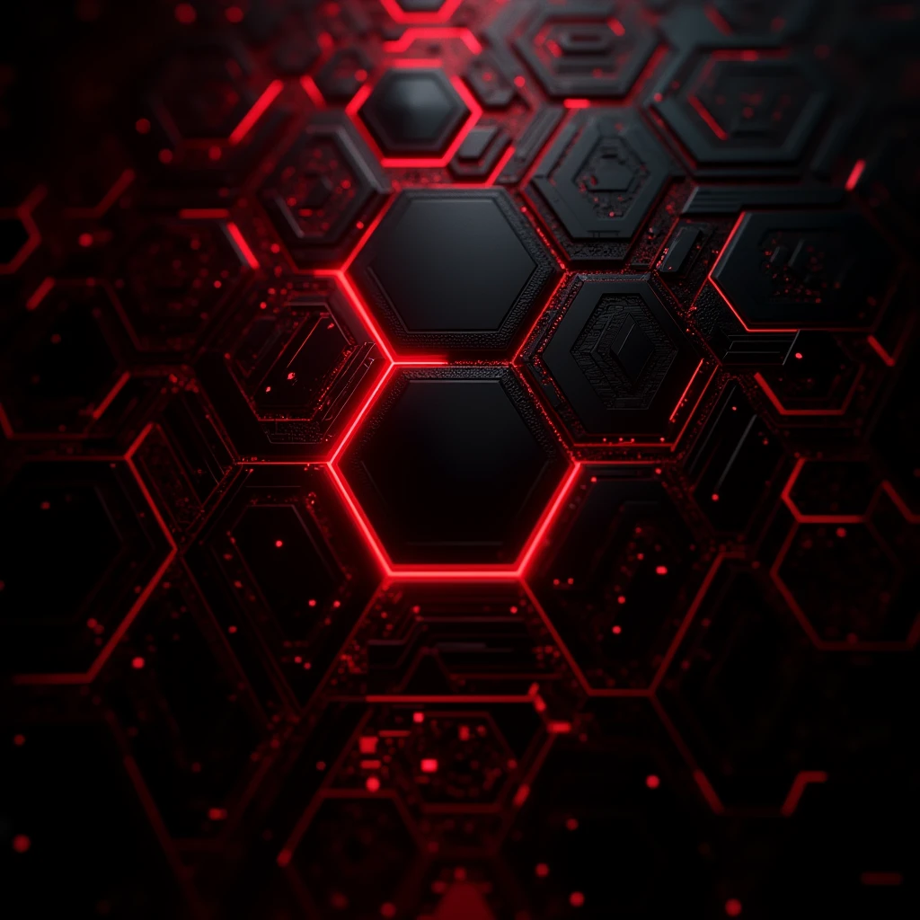 Dark background with red gradients and black details Modern geometric lines and shapes, such as circuits or hexagons Neon light and glow effects for a futuristic touch Metallic or shiny textures in highlighted areas Possible inclusion of technological elements, like control panels or holograms