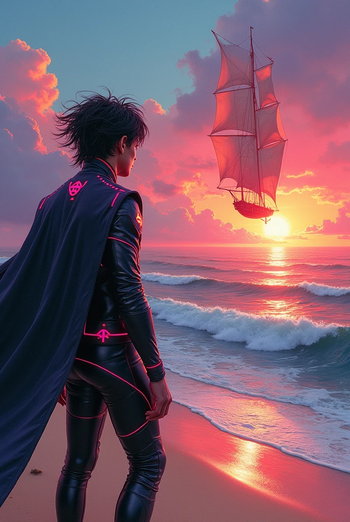 the drawing is located horizontally, it shows a guy slightly away from the foreground of the picture standing on the right in a cyberpunk suit with a cape, his hair tousled by the wind, standing on the sandy shore, looking up into the distance at an airship sailboat in the cyberpunk style, which flies over the sea against the backdrop of a bright sunset