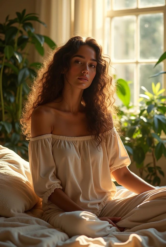 (photorealism:1.2), beautiful woman, sitting on bed, wearing loose off-shoulder top, pajama pants, long curly hair, indoors, soft lighting, plants in background, window with sunlight, cozy room, relaxed pose, realistic, intricate details, warm colors, by Greg Rutkowski, by Alphonse Mucha