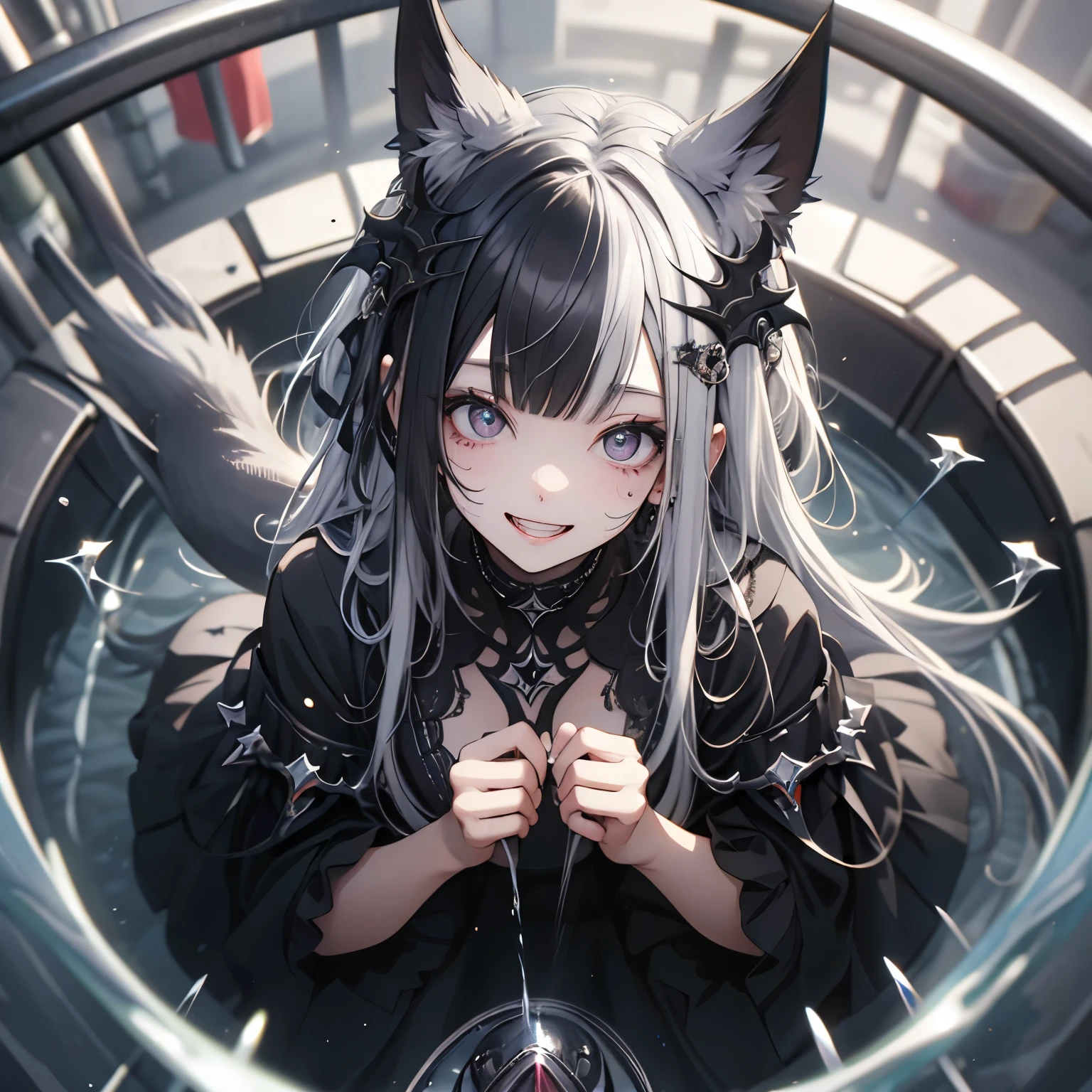 (masterpiece), Highest quality, Ultra-high resolution,Silver Hair、Black Hair、Big smile、Bat、Sick Makeup、(squirt:1.5)、shower、summer、garden