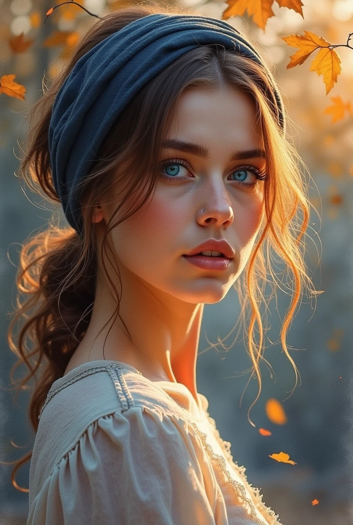 (8k, best quality, masterpiece: 1.2), (best quality: 1.0), (ultra-high resolution: 1.0), watercolor, a beautiful woman, (shiny pupils,blue pupils),shoulders, headband, Agnes Cecil, bust portrait, extremely bright design, pastel colors, autumn lights, moody gray, gritty style style Alexei Savlasov, Ivan Shishkin, Ilya Repin, (card retouching: 1.2), 2d, (oil painting: 1.2) highly detailed