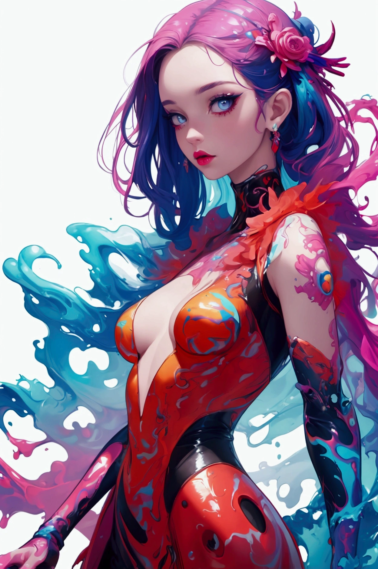 (masterpiece, top quality, best quality, official art, abstract aesthetic),solo,(1girl),(upper body|full body),a woman with colorful lipstick,psychedelic dripping colors,small breasts,best of behance,inspired by Alberto Seveso,smooth digital artwork,behance art,stunning digital art,beautiful acrylic fluid portrait,cgsociety saturated colors,photorealistic digital arts,trending digital art,surrealistic digital artwork,glossy digital painting,exquisite digital fashion photography,uhd,