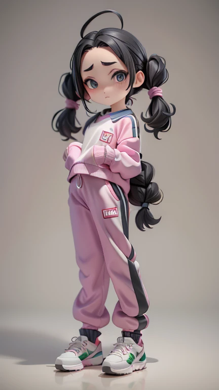Girl、Primary school students、small、sharp、Black Hair,、Pigtails、Braid、The forehead is visible、Forehead、Jersey、Tracksuits、Clothing patterns、Clothing Design、The front is open、whole body、