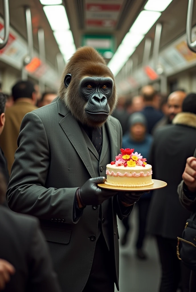 gorilla、work、crowded train、suit、cake