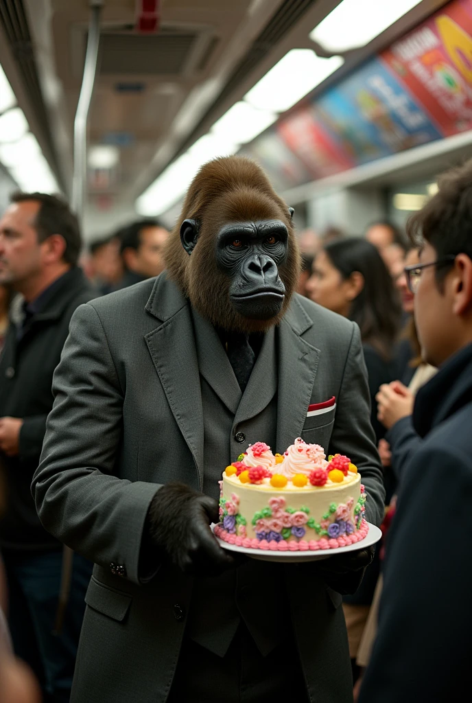 gorilla、work、crowded train、suit、cake