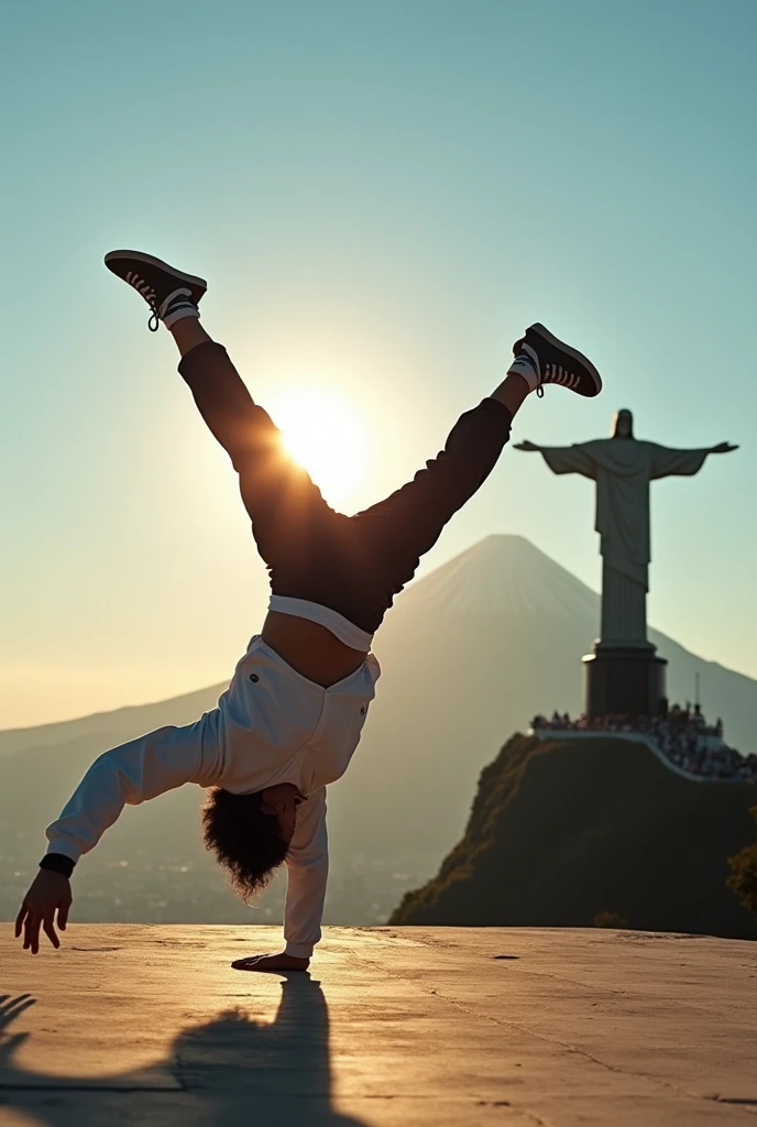 "A breakdancer in a dynamic dance pose , captured at sunset in an iconic setting that combines the Christ the Redeemer statue and Mount Fuji in the background. The dancer displays powerful and fluid movements, wearing casual and modern clothing that contrasts with the grandeur of the monuments. The soft sunlight illuminates the scene, creating dramatic shadows and a cinematic atmosphere, while the clear blue sky adds depth and serenity to the moment."