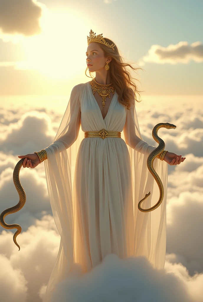 (photorealism:1.2), greek goddess, standing on the clouds, wearing white clothes, golden jewelry, left and right hand holding snake, light in background.