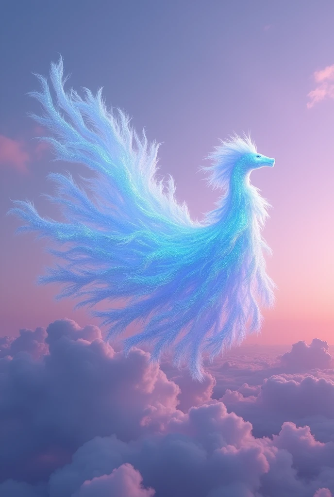 A light blue holographic fragment dancing in the evening sky Swaying in the wind, it rises into the sky