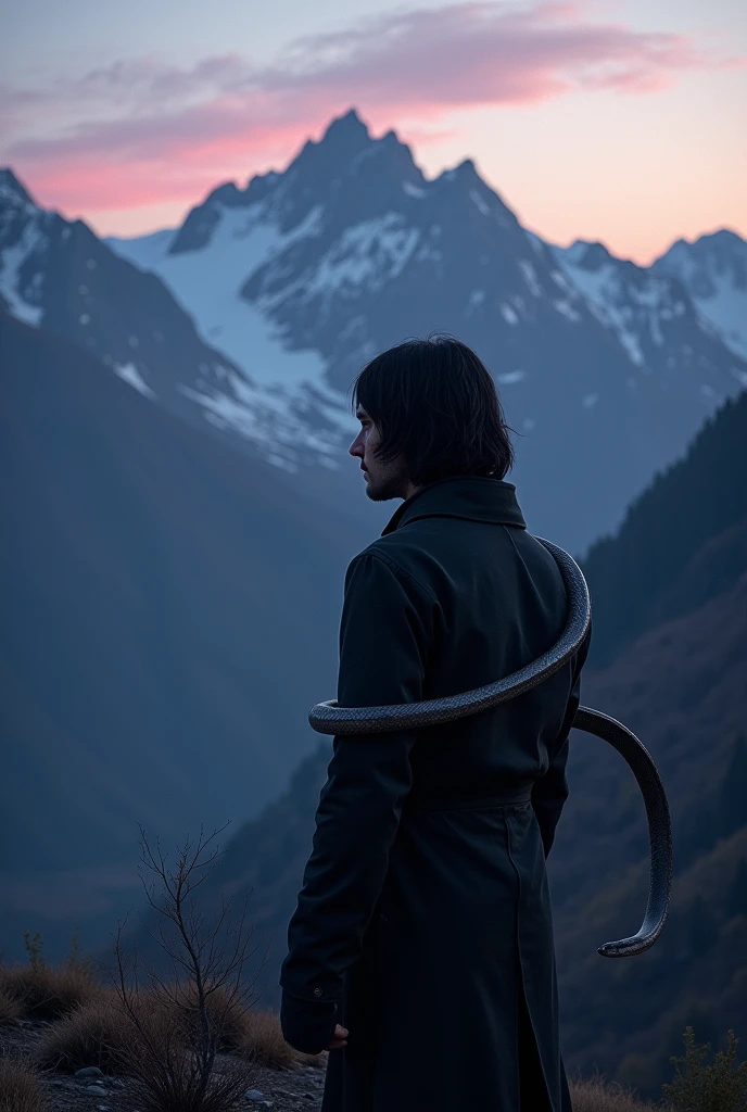 Northern mountains, snake and siluet black shoulder-length haired man