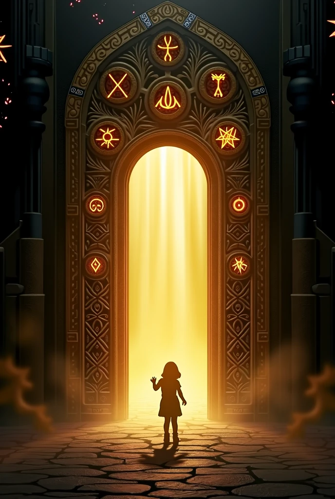 The gate should be intricately designed with glowing, eight mystical symbols and patterns, and it should emit a bright, golden light from the opening. The child, facing away from the viewer, is reaching out toward the light. The surrounding environment is dark and shadowy, creating a stark contrast with the golden light. The overall atmosphere should evoke a sense of mystery, wonder, and the beginning of an adventure, with the glowing symbols suggesting magic or hidden knowledge