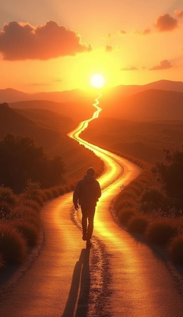 A long road leading to a distant, shining goal or destination. Along the road, there are people walking, some tired, but all moving forward. The goal at the end of the road is illuminated with a golden light.
