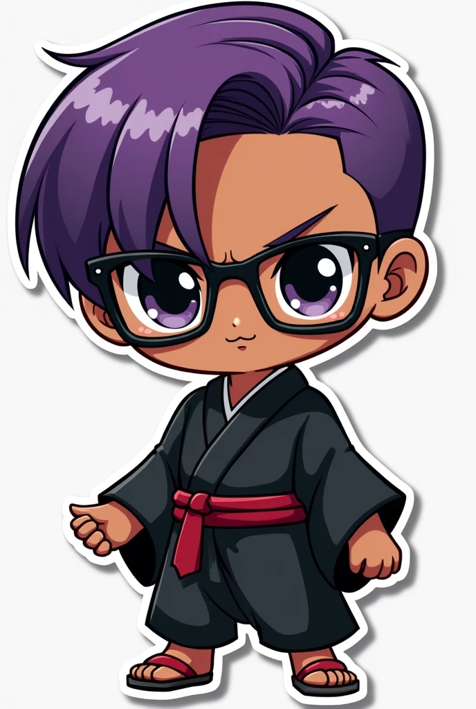 Cute Sticker Chibi boy purple hair glasses black kimono straight hair dark background brown skin mature face angry face