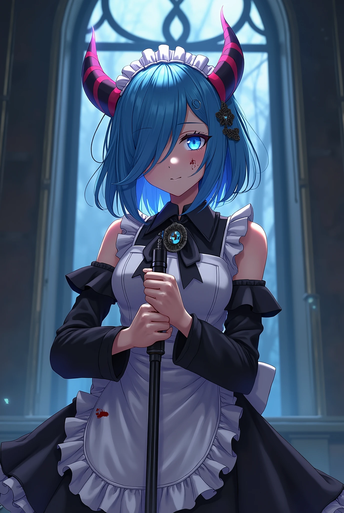 1girl, anime coloring, black sleeves, blood, blood on clothes, blood on face, blood splatter, blue eyes, blue hair, chain, detached sleeves, frills, glowing horns, hair ornament, hair over one eye, holding, holding weapon, horns, looking at viewer, maid, rem \(), ribbon, roswaal mansion maid uniform, short hair, single horn, solo, weapon, x hair ornament