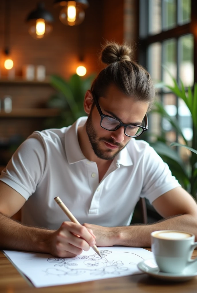 Young white man with his hair tied back, wearing glasses and a white polo shirt, with a little beard, with a large black earring in his right ear, with a pencil in his left hand, drawing on a white sheet of paper and next to it a cup of coffee in a cafeteria