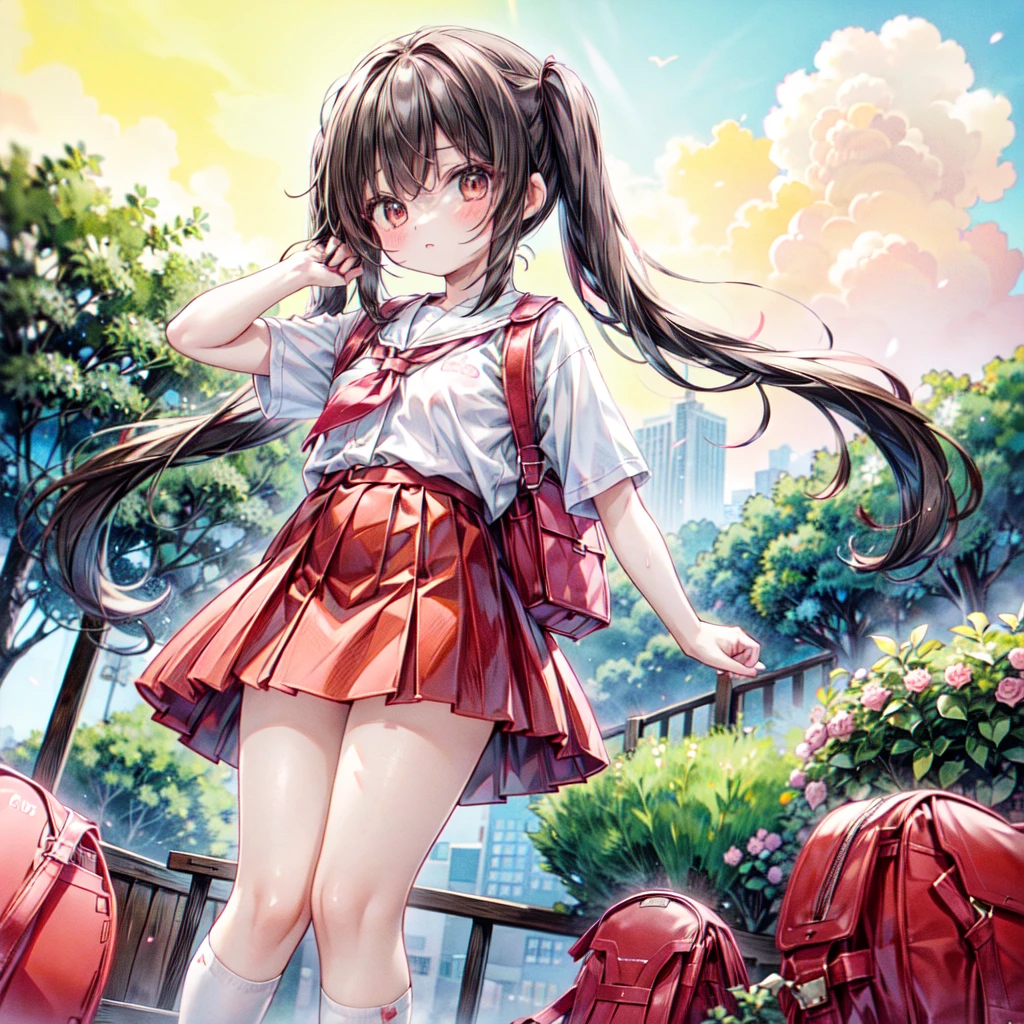 1girl,The best composition、Highest quality、Masterpiece、Twin tails、Landscape、skip、強風にあおられた小学生のが前に進めずTwin tailsがオールバックになっている、Red dress、Shiori high socks、Brown Loafers、Red School Bag、Primary yellow background、