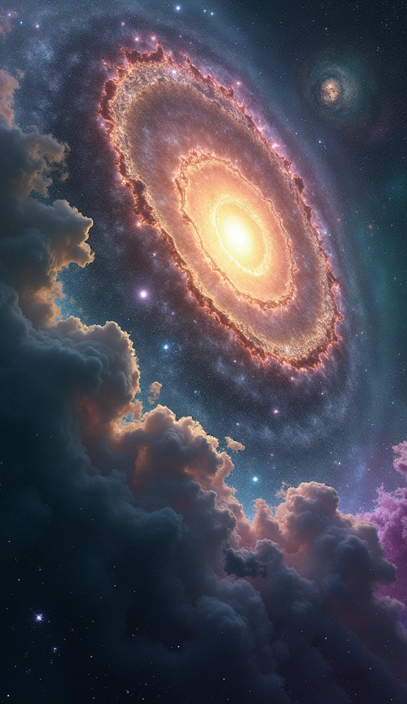 Imagine a vast expanse of space where galaxies are not static but constantly evolving, shifting their shapes and multiplying in number. The void is filled with countless galaxies, each one unique, displaying a mesmerizing array of forms—from elegant spirals to intricate webs, and even irregular, abstract shapes that seem to defy the laws of physics. These galaxies are like living, breathing entities, their structures glowing with an iridescent light that shifts in color from deep purples to vibrant greens, as if reflecting the emotions of the universe itself.

In this ever-changing cosmic landscape, new galaxies are born from the remnants of old ones, their stars and dust swirling together to form fresh, glowing structures. Some galaxies merge, creating colossal supergalaxies that stretch across light-years, their cores shining with the combined brilliance of millions of stars. Others fragment into smaller galaxies, scattering their stellar matter across the void like cosmic seeds, which then grow and evolve into entirely new forms.

The galaxies move gracefully through space, their arms and tendrils stretching out as if reaching towards each other in a celestial dance. Some galaxies are tightly wound, their cores pulsing with energy, while others are loosely bound, their stars drifting lazily along their spiral arms. Occasionally, two or more galaxies collide, merging into a chaotic yet beautiful burst of light and energy, before settling into a new, stable form.

As the galaxies change and multiply, the surrounding space becomes a rich tapestry of cosmic phenomena. Nebulae and star clusters drift between the galaxies, their colors and shapes shifting as they interact with the gravitational forces at play. The entire scene is a dynamic, ever-evolving display of cosmic creativity, where the boundaries of reality and imagination blur, and the infinite potential of the universe is laid bare.
