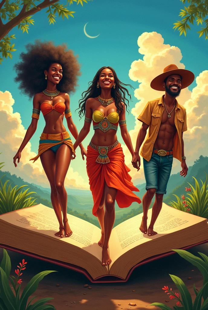 three people. a black African woman, A VERY BEAUTIFUL INDIGENOUS WOMAN FROM THE AMAZON AND A MAN FROM THE NORTHEAST OF BRAZIL WITH A BANDIT'S HAT, ALL SMILING AND WELL CHARACTERIZED COMING OUT OF A BOOK IN AN ARTISTIC WAY