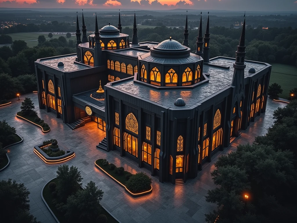 "in Aerial view, A majestic, modern castle, the Zalvediuse Institute, stands tall against a backdrop of a dramatic sky. The building is a striking blend of black and gold, with towering spires, intricate window patterns, and a grand entranceway that hints at the power and prestige within. The design is both futuristic and timeless, blending sleek lines with traditional castle elements."