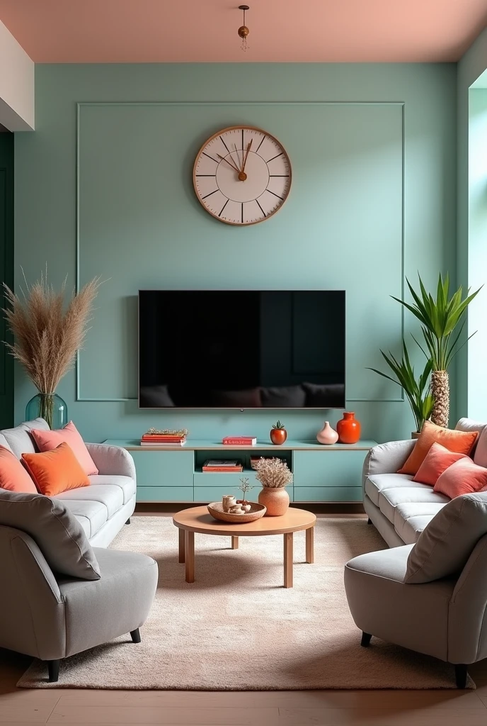 best qualityer:1.4), (ultra high resolution:1.2), (photorrealistic:1.4), (8k, CRU photo:1.2),  1 living room. A gray 8-seater sofa and a gray 4-seater sofa. The room&#39;s decor is colorful in baby blue, orange, pink and green.. There is a giant television screen on the wall in front of the sofas.. There is a medium clock on the wall with a red button.