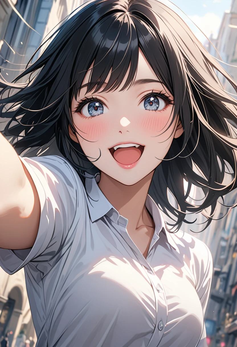 Upward angle, beautiful woman, romantic movie poster for women, neat woman with long black hair and pop woman with short white hair、masterpiece、Highest quality、Excited、Self-weight、Expressing victory、Detailed Description、Beautiful Face、Beautiful Eyes