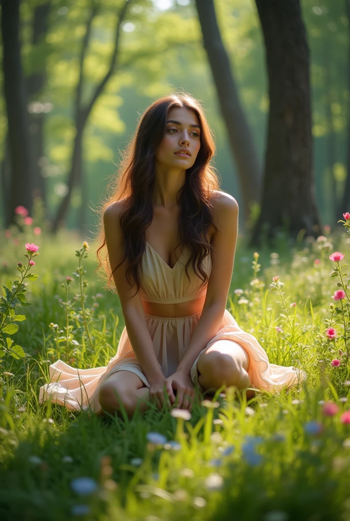Naked beauty sitting on the ground,Wearing a short skirt