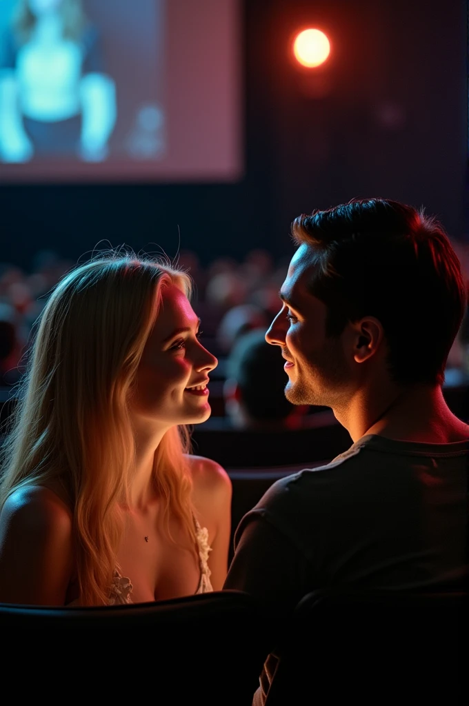 Blonde girl with a man with straight black hair in the cinema( Let it not be noticed that there is love)