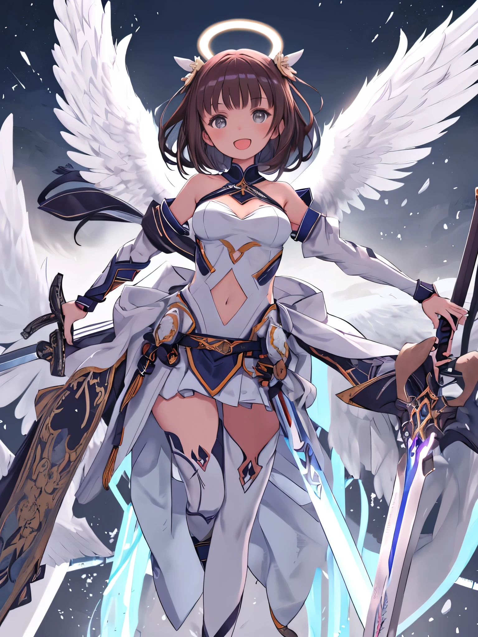 fantasy, 1angel_girl, low_, dark_brown_hair,long_bangs, (dark_skin)+, bare_shoulder, navel out, thighhighs,silver_shiny_armor, white_clothes,waist_armor, Glebe, hold_swords_emits_light, medium_breasts, dynamic_flying_pose,Floating, (1pair_white_wings:1.2),(pelvic_curtain:1.3), silver_Headgear ,looking_down_at_sunset_city_sky_background,,slightly_spread_legs, some_swords_emits_light,some_swords_emits_light_floating_around_the_girl,solo,glare_halo,laugh ,smile,open_mouth,open_legs,open_arms,rise_knee,rise_leg,rise_thigh,rise_leg,forward_leaning_posture,apart_legs,