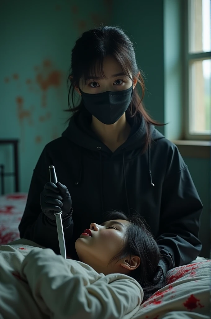 korean girl, (behind stiff, holding knife), stabbing, black surgical mask, black gloves, torture chamber, black raincoat, trucker hat, holding knife, black gloves, woman on top, behind cadaver, blood splatter, on the bed, looking at viewer, mass murderer, killer, low ponytail, blood splatter, dark atmosphere, cinematic lighting, atmospheric realistic, light from the window,