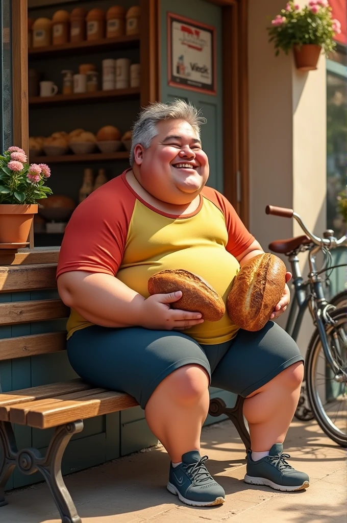 Chubby man sitting in front of bakery eating two breads and a soda after cycling