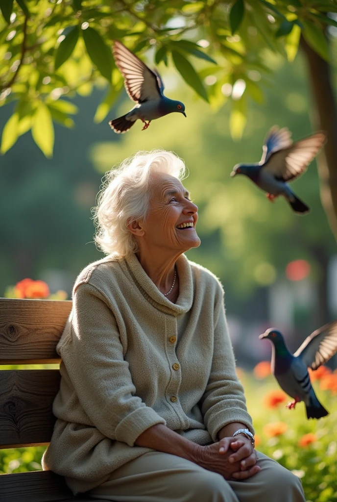 woman, face, 80 years old, white hair, on a bench, in a park, pigeon around her.
