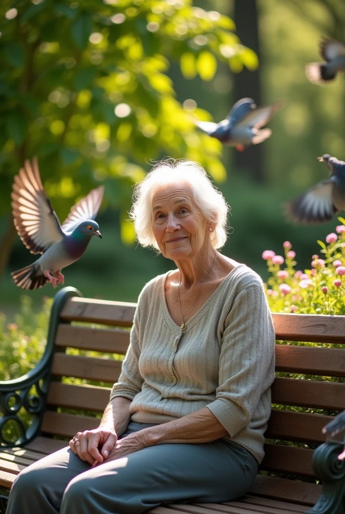 woman, face, 80 years old, white hair, on a bench, in a park, pigeon around her.