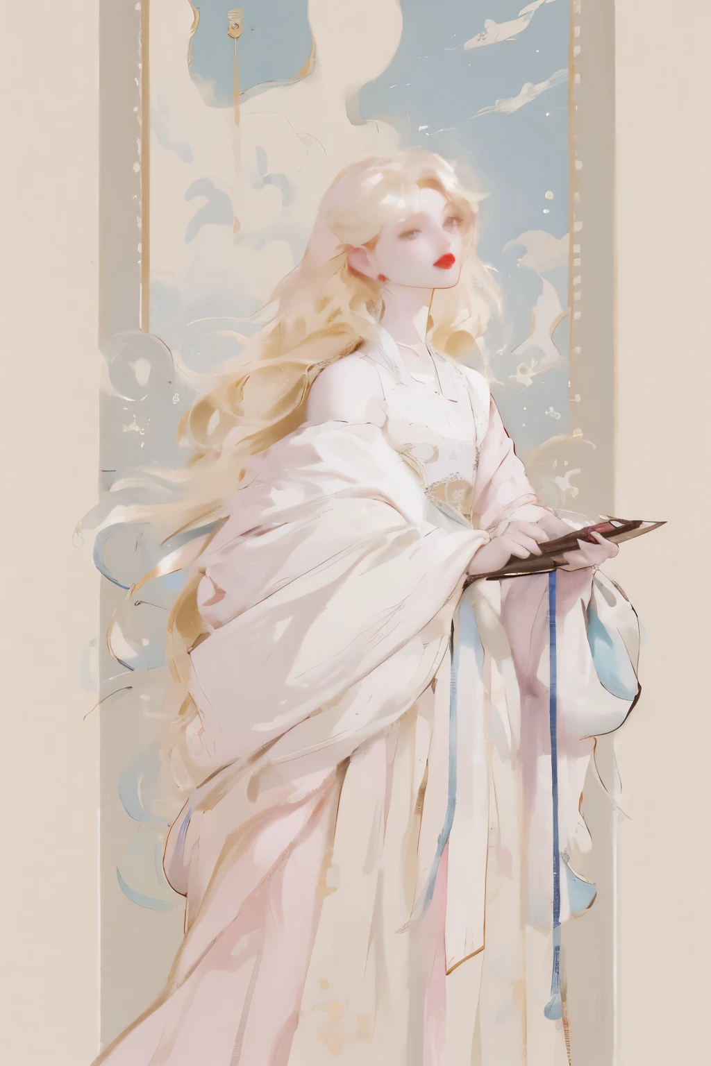 There was a woman in a white dress holding a music box, guweiz style artwork, guweiz on pixiv artstation, guweiz on artstation pixiv, Gu Weiss, Fantasy art style, Gu Weiss masterpiece, Beautiful and elegant queen, Beautiful character painting, Detailed digital anime art, Blonde Princess, White hair, Sky blue eyes, Pink lips
