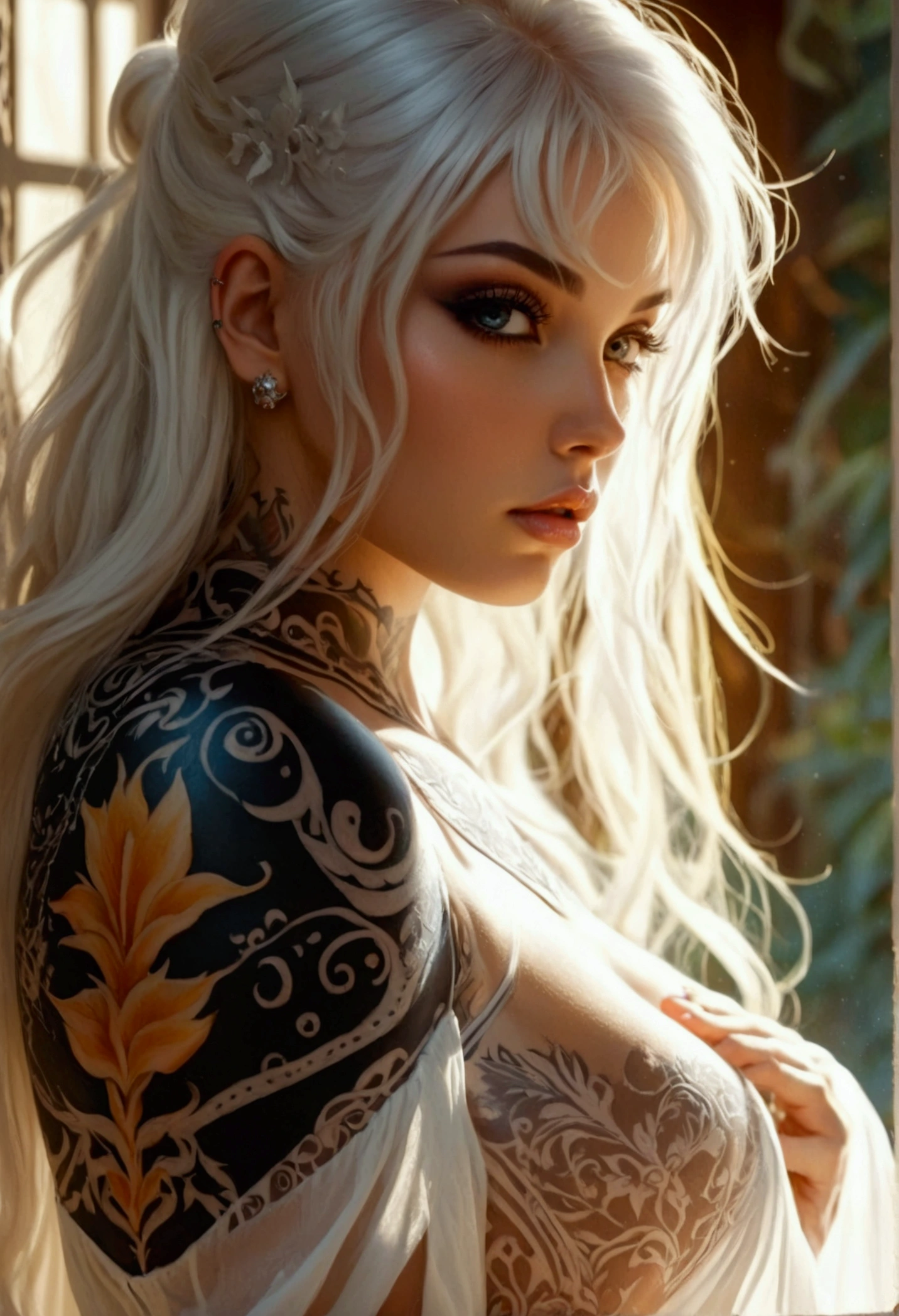 Create a hyper detailed photograph of a tattooed sexy young shadow knight, Stunningly perfect gorgeous feminine face, perfect makeup, detailed vibrant eyes, long platinum  hair, long detailed beautiful legs, detailed beautiful arms, big thighs, detailed silky smooth skin, large natural perky breast, thick round ass, white thin transparent sundress, facing viewer, sun rays illuminating the dress,
