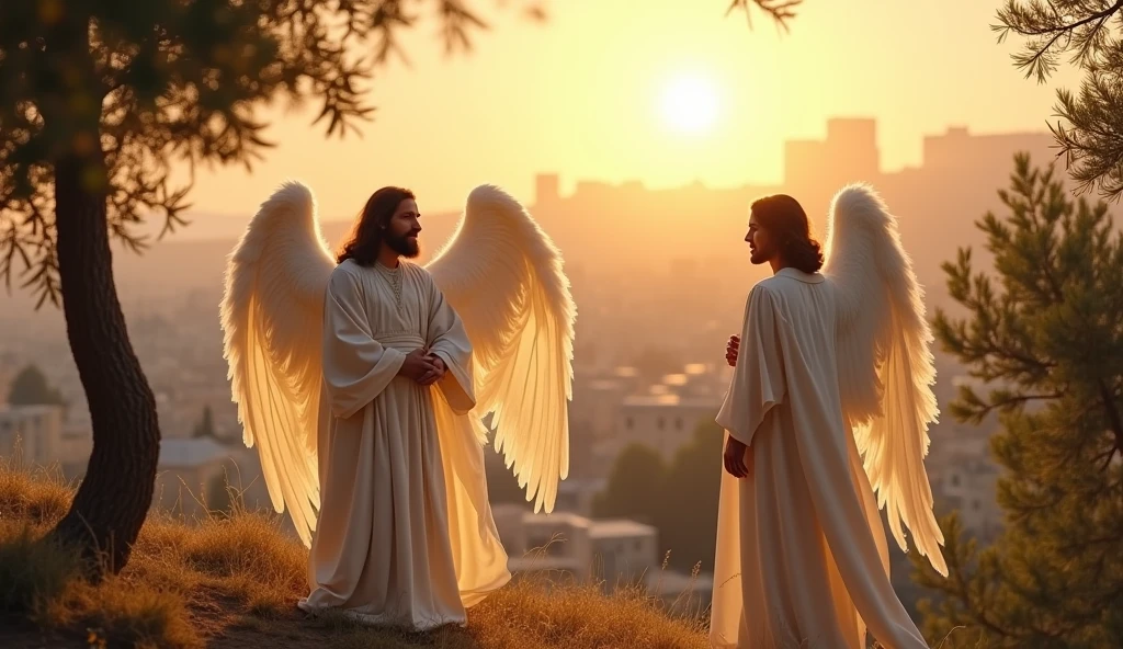 Create a realistic and vivid scene on the Mount of Olives, where two ethereal angels are talking to the disciples. The scenery should capture the beauty of the sunrise, with the soft sunlight filtering through the olive leaves. The angels, with shining white robes, must have friendly and serene expressions. the disciples, in simple period clothing, show curiosity and admiration while listening attentively. Ao fundo, the city of Jerusalem can be seen, with its ancient buildings and an atmosphere of peace and spirituality. The image should convey a feeling of hope and divine revelation., reflecting the importance of this moment.