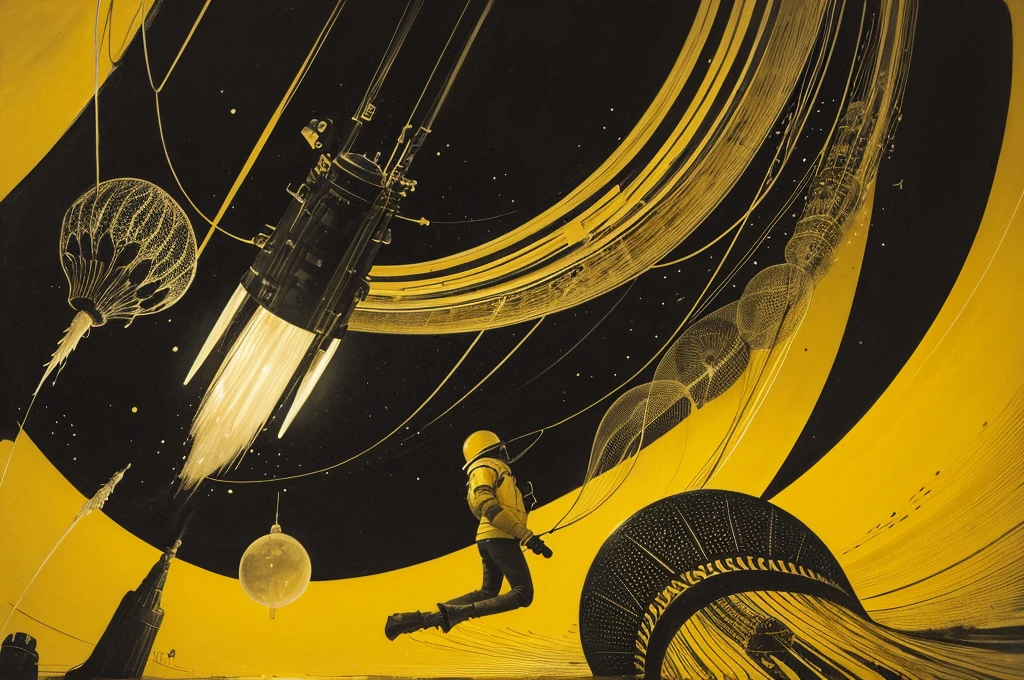rocket,very large,one jellyfish,monochrome,old painting,yellow background,Rantan,space,midlle ages