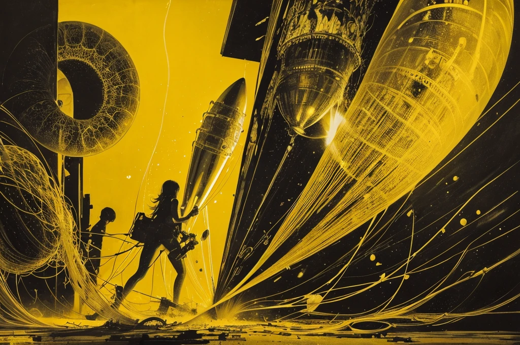 rocket,very large,one jellyfish,monochrome,old painting,yellow background,Rantan,space,midlle ages