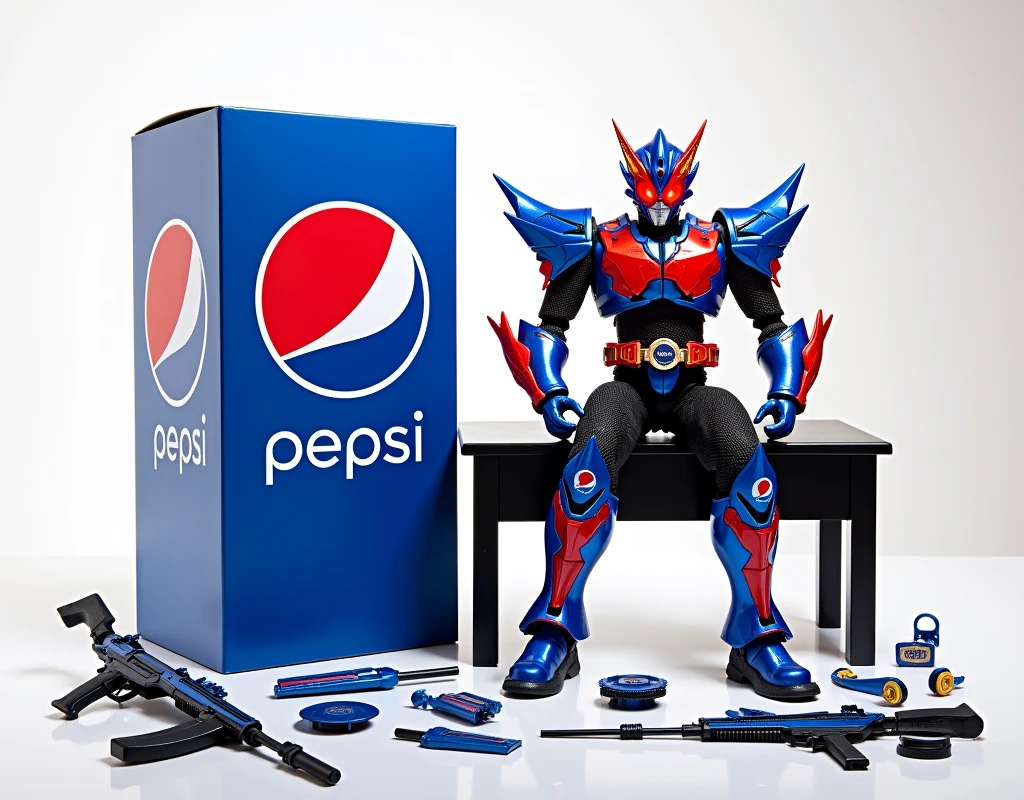Kamen Rider action figure with colors based on the Pepsi drink. The eyes and belt have LED lighting systems. On the side is a large packaging box with the text "(Kamen Rider Pepsi)" placed on a black wooden table with effect parts, hand parts and weapons of the action figure placed on it. The background is white.