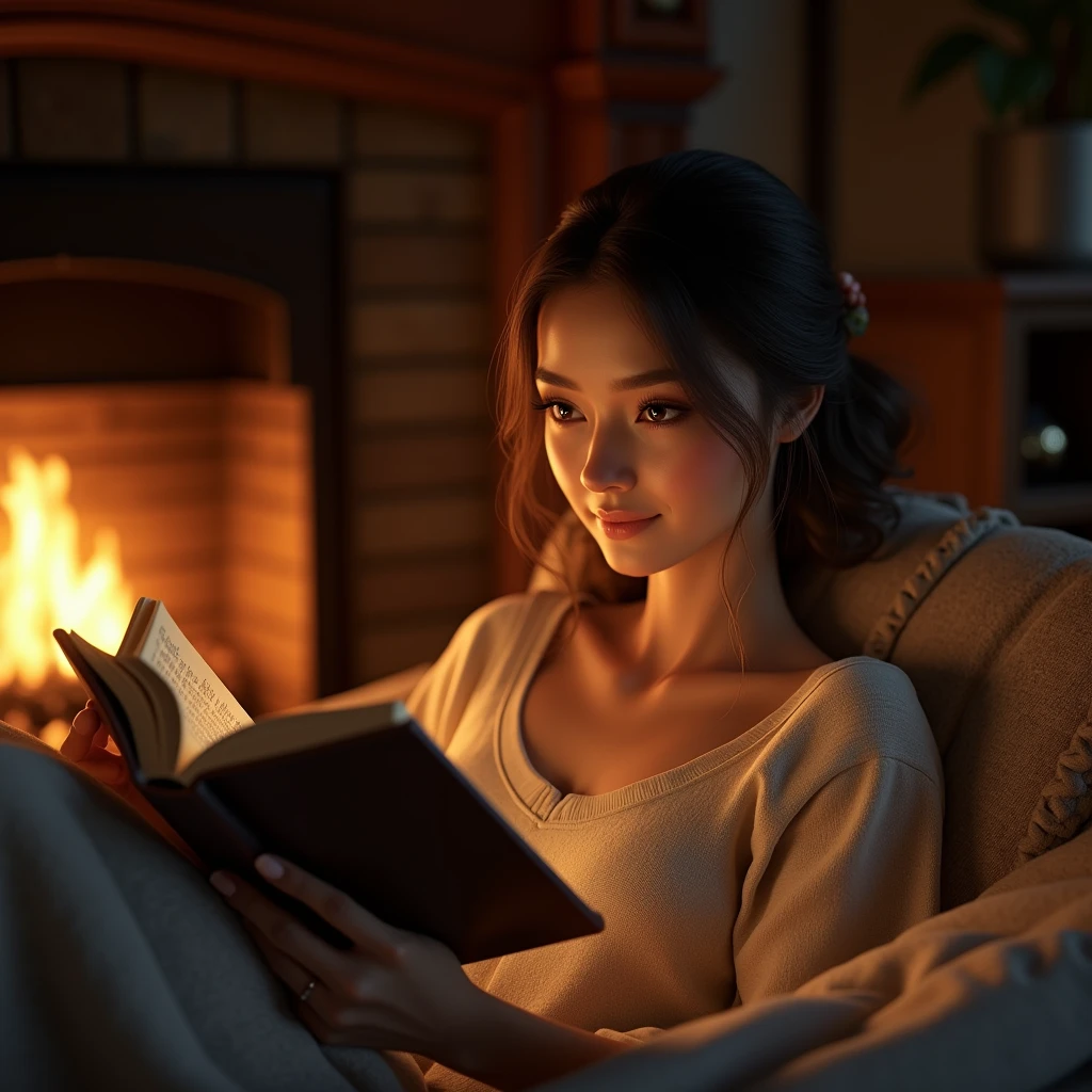 a woman sitting and reading a book next to a fireplace, beautiful detailed eyes, beautiful detailed lips, extremely detailed eyes and face, long eyelashes, cozy fireplace, warm lighting, comfortable interior, realistic, photorealistic, photo-realistic:1.37, best quality, 8k, highres, masterpiece:1.2, ultra-detailed, vivid colors, soft focus, cinematic lighting