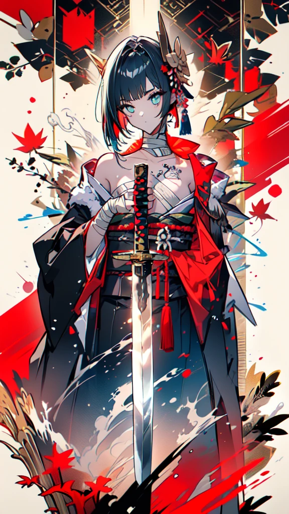 (((((roll up bandage sideways on a  chest tightly to cover the chest without gaps))))),  (((bandage samweways))),, ((Japanese Gangster BOSS)), adult woman with the dignified presence, Killing Qi, wear nothing around shoulder, wear nothing around neck, wear the kimono, wear it below the waist, I wind it up to control it, and to attach it,  ((kimono come off)) ,wear the kimono multiple times, Bare shoulders and the clavicle, black and gold kimono, put on over jacket of kimono, (((holding a japanese sword, The handle of the sword, long sword))), low angle, whole body, anime character, Glaring, off sholder, Excellent, can see both shoulder, long kimono hem, small face, big tattoo on the arm,muscular,drink sake, The kimono is spreading,ultra-detailed,super beautiful,Masterpiece,Killing Qi,Intimidation, a person,Selfish person,Ginkgo biloba pattern,Under the trees with autumn leaves,tall,Imposing,colorful kimono,hold hilt of katana in hand,vanpire woman,Circular tattoo on the back