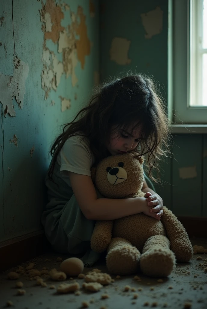 A freedom guy wearing hoodie, stand with girl holding teddy bear , after war, hyperdetailed, hyprr realism