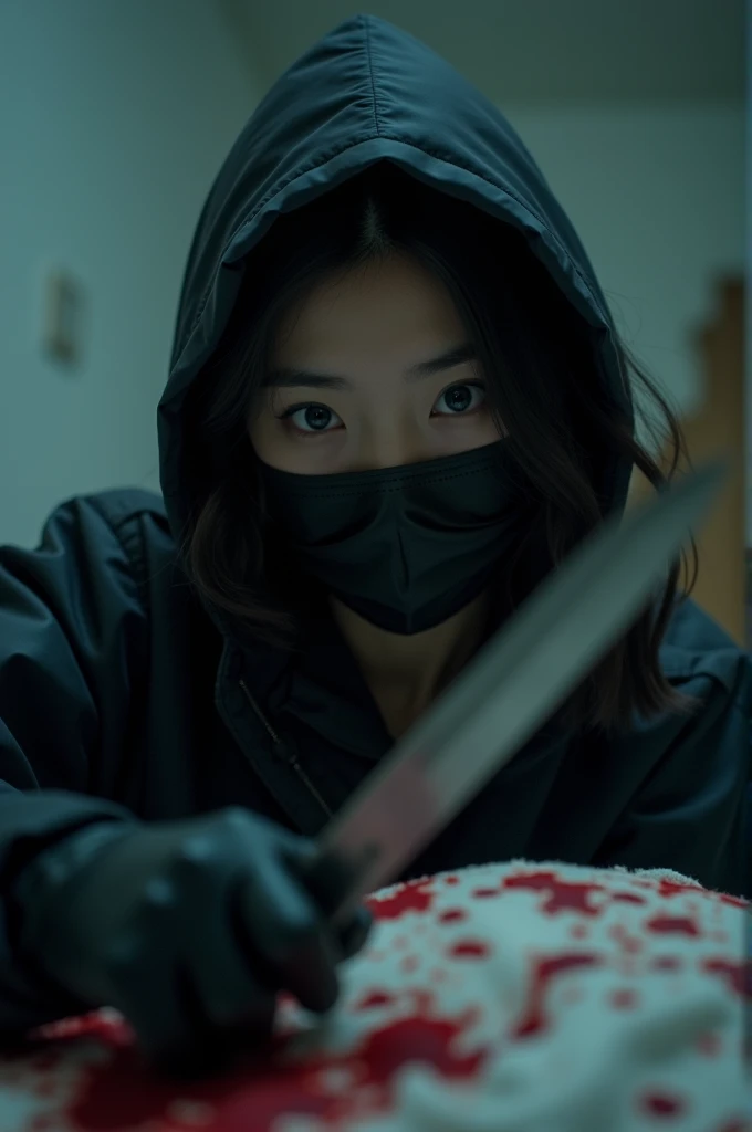korean girl, (behind stiff, holding knife), black surgical mask, black gloves, crazy eyes, bed room, black raincoat, holding knife, hood up, 15 years old, black gloves, looking at viewer, behind cadaver, blood splatter, bed room, night, mass murderer, killer, wavy hair, blood splatter, dark atmosphere, cinematic lighting, atmospheric realistic, close-up, tripod and camera in the back, shooting with camera

